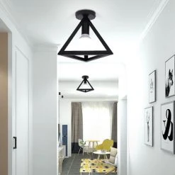 Nouveau 😍 AXHUP Plafonnier Industrielle Cage Triangle Cube En Métal Fer Rétro Lustre Suspension Luminaire E27 Noir 👏 -Suspension Soldes 13575543 3