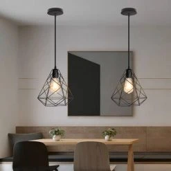 Budget 😉 STOEX Lot De 2 Suspension Industrielle Cage Forme Diamant 25cm Edison E27 En Métal Fer Style Vintage Géométrie Lustre Abat Jours Luminaire Rétro Noir 👍