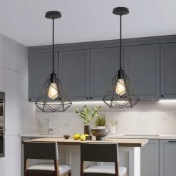 Budget 😉 STOEX Lot De 2 Suspension Industrielle Cage Forme Diamant 25cm Edison E27 En Métal Fer Style Vintage Géométrie Lustre Abat Jours Luminaire Rétro Noir 👍 -Suspension Soldes 14355801 4