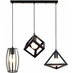 Meilleur prix ✨ IDEGU 3 Lampes Suspensions Luminaire Design Géométrique Moderne E27 Lustre Suspensions Abat Jour En Métal Plafonnier Avec Support En Barre Pour Chambre Salon - Noir ✨