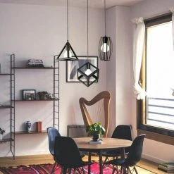 Meilleur prix ✨ IDEGU 3 Lampes Suspensions Luminaire Design Géométrique Moderne E27 Lustre Suspensions Abat Jour En Métal Plafonnier Avec Support En Barre Pour Chambre Salon - Noir ✨ -Suspension Soldes 16268962 3