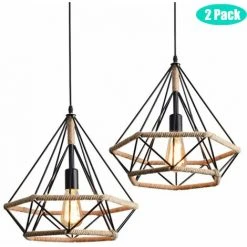 Acheter 🔥 IDEGU Lot De 2 Suspension Industriel Avec Corde De Chanvre Retro Cage Forme Diamant Luminaire Abat-jour 25cm E27 Noir ⌛