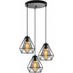 Meilleure vente ⭐ IDEGU Lustre Suspension Industriel Cage Forme Diamant Ø20cm Noir, Lustre Abat-Jour Eclairage De Plafond 3 Edison Culot E27 Lampe Pour Salon Salle à Manger Cuisine Restaurant,Noir ✨