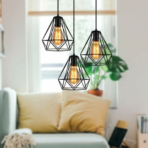 Meilleure vente ⭐ IDEGU Lustre Suspension Industriel Cage Forme Diamant Ø20cm Noir, Lustre Abat-Jour Eclairage De Plafond 3 Edison Culot E27 Lampe Pour Salon Salle à Manger Cuisine Restaurant,Noir ✨ 2 Meilleure vente ⭐ IDEGU Lustre Suspension Industriel Cage Forme Diamant Ø20cm Noir, Lustre Abat-Jour Eclairage De Plafond 3 Edison Culot E27 Lampe Pour Salon Salle à Manger Cuisine Restaurant,Noir ✨ – Image 2