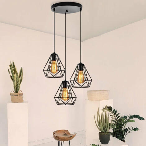 Meilleure vente ⭐ IDEGU Lustre Suspension Industriel Cage Forme Diamant Ø20cm Noir, Lustre Abat-Jour Eclairage De Plafond 3 Edison Culot E27 Lampe Pour Salon Salle à Manger Cuisine Restaurant,Noir ✨ 3 Meilleure vente ⭐ IDEGU Lustre Suspension Industriel Cage Forme Diamant Ø20cm Noir, Lustre Abat-Jour Eclairage De Plafond 3 Edison Culot E27 Lampe Pour Salon Salle à Manger Cuisine Restaurant,Noir ✨ – Image 3