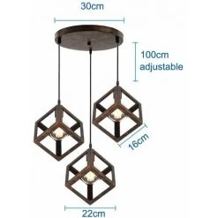 Vente flash ✨ IDEGU 3 Lumières Suspension Luminaire Industrielle Lustre Plafonniers Design Géométrique Métal Suspension E27 Lampe En Forme De Cube Suspension Pour Salon Maison - 16CM, Rouille 🛒 -Suspension Soldes 16269389 4