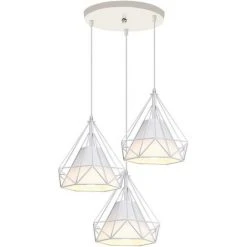 Meilleure vente ⌛ IDEGU 3 Lumières Lustre Suspension Vintage Plafonnier Cage En Métal Rétro E27 Lampe Suspension Forme Diamant Avec Abat-jour En Tissu,Support Disque, Blanc - Blanc 👍