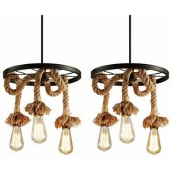 Promo ⭐ IDEGU Lustre Suspension En Corde De Chanvre 3 Lampe E27 , Lampe De Plafond Roue Industrielle Rétro Pour Restaurant Salon Salle À Manger Bar - Noir ✔️
