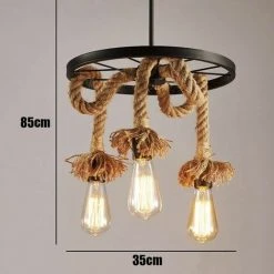 Promo ⭐ IDEGU Lustre Suspension En Corde De Chanvre 3 Lampe E27 , Lampe De Plafond Roue Industrielle Rétro Pour Restaurant Salon Salle À Manger Bar - Noir ✔️ -Suspension Soldes 19765584 4
