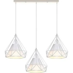 Nouveau ⭐ IDEGU 3 Lumières Lustre Suspension Vintage Plafonnier Cage En Métal Rétro E27 Lampe Suspension Forme Diamant Avec Abat-jour En Tissu,Support Barre, Blanc - Blanc ✔️