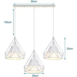Nouveau ⭐ IDEGU 3 Lumières Lustre Suspension Vintage Plafonnier Cage En Métal Rétro E27 Lampe Suspension Forme Diamant Avec Abat-jour En Tissu,Support Barre, Blanc - Blanc ✔️ -Suspension Soldes 19850785 4
