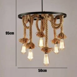Nouveau ✔️ STOEX Lustre Suspension En Corde De Chanvre 6 Lampe Douille E27 , Rétro Lampe De Plafond Roue Industrielle Pour Restaurant Salon Salle À Manger Bar 💯 -Suspension Soldes 21922607 3