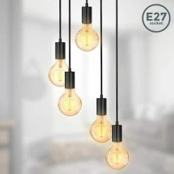 Nouveau 🎉 B.K.Licht Suspension Vintage, 5 Douilles E27 D’hauteur Différente, Noir Mat, éclairage Plafond Rétro, Design Industriel, Ø210, Hauteur Totale 1200mm ⭐