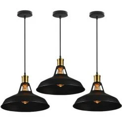 De gros ⭐ WOTTES Lot De 3 Lustre Suspension Industriel Plafonnier Abat-jour En Métal E27 Pour Chambre Bar - Noir - Noir ⌛
