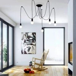 Le moins cher ⭐ WOTTES Lustre Suspension Araignée DIY Ajustable Plafonnier Vintage Industriel E27 Pour Salon Chambre Noir - 1,5M 5 Lumières - Noir 🥰 -Suspension Soldes 27440391 2