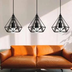 Meilleur prix 🥰 WOTTES 2 Pack Lustre Suspension En Forme Diamant Métal E27 Plafonnier Industriel Moderne Pour Chambre Salon Bar Restaurant - Noir - Noir 😉 -Suspension Soldes 27441051 3