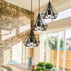 Meilleur prix 🥰 WOTTES 2 Pack Lustre Suspension En Forme Diamant Métal E27 Plafonnier Industriel Moderne Pour Chambre Salon Bar Restaurant - Noir - Noir 😉 -Suspension Soldes 27441051 4