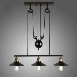 Sortie 😀 STOEX Lustre Industriel à 3 Lampes Avec Poulie En Fer Effet Rétro Noir ❤️