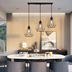 Vente flash 🎁 STOEX Suspension Cage Forme Diamant Contemporain Lampe Plafonnier Corde Ajustable Luminaire Lustre Pour Cuisine Couloir Noir 🔥 -Suspension Soldes 28991908 3