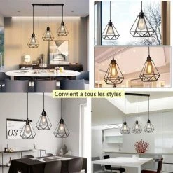 Vente flash 🎁 STOEX Suspension Cage Forme Diamant Contemporain Lampe Plafonnier Corde Ajustable Luminaire Lustre Pour Cuisine Couloir Noir 🔥 -Suspension Soldes 28991908 4