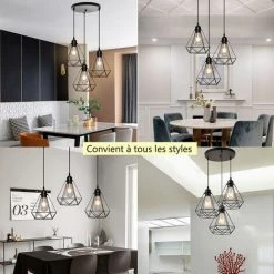 De gros 😀 STOEX Lustre Suspension Cage En Forme Diamant Lampe Plafonnier Corde Ajustable Luminaire Pour Cuisine Couloir Bar Chambre Noir ⭐ -Suspension Soldes 28992076 3