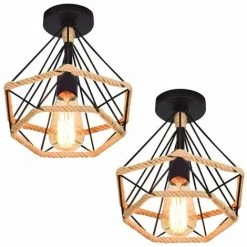 Remise ✨ STOEX 2x Plafonnier Industrielle Cage En Forme Diamant Ø25cm En Métal Lustre Vintage Avec Corde De Chanvre Fer Luminaire Chambre Salon Cuisine E27 Noir ⭐