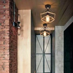 Remise ✨ STOEX 2x Plafonnier Industrielle Cage En Forme Diamant Ø25cm En Métal Lustre Vintage Avec Corde De Chanvre Fer Luminaire Chambre Salon Cuisine E27 Noir ⭐ -Suspension Soldes 28993566 3