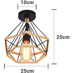 Remise ✨ STOEX 2x Plafonnier Industrielle Cage En Forme Diamant Ø25cm En Métal Lustre Vintage Avec Corde De Chanvre Fer Luminaire Chambre Salon Cuisine E27 Noir ⭐ -Suspension Soldes 28993566 4