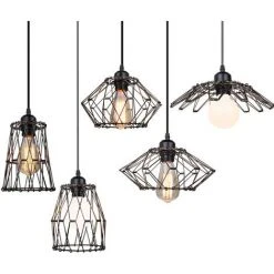 Tout neuf ✔️ STOEX 5 En 1 Lustre Suspension Luminaire Industrielle E27 Noir DIY, Abat Jours Cage Forme Changeable Multifonctionnel , Corde Ajustable Pour Restaurant Salle à Manger Salon Chambre Cuisine Bar ⭐