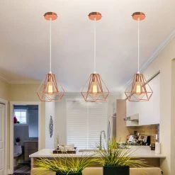 Sortie 🌟 WOTTES Lustre Suspension En Forme Diamant Métal Luminaire De Plafond Moderne E27 Pour Chambre Salon Bar Rose - Or Rose 😉 -Suspension Soldes 29300481 4