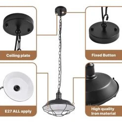 Vente flash 🛒 WOTTES Lustre Suspension Industriel Plafonnier Abat-jour Métal E27 Pour Chambre Salon Bar Restaurant Noir - 36cm - Noir 🎁 -Suspension Soldes 29302884 4