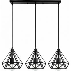 Tout neuf ✔️ WOTTES Lustre Suspension En Forme Diamant Métal Luminaire Industriel 3 Lumières E27 Pour Chambre Cuisine Bar - Noir - Noir 🎁