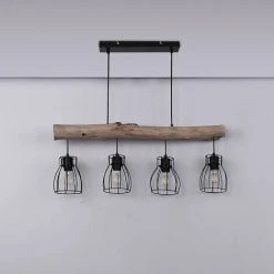 Vente flash ✔️ ETC-SHOP Suspension Design En Bois Avec Abat-jour En Grille Suspension Avec Poutres En Bois 4 Flammes, Métal Noir Bois Naturel, 4x E27 Max 40 Watt, LxPxH 82,5x13,6x140cm, Salon Salle à Manger 👏 -Suspension Soldes 35684209 3