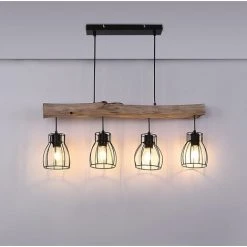 Vente flash ✔️ ETC-SHOP Suspension Design En Bois Avec Abat-jour En Grille Suspension Avec Poutres En Bois 4 Flammes, Métal Noir Bois Naturel, 4x E27 Max 40 Watt, LxPxH 82,5x13,6x140cm, Salon Salle à Manger 👏 -Suspension Soldes 35684209 4
