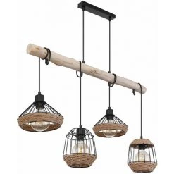 Meilleure vente ✔️ ETC-SHOP Lampe Suspendue Poutres En Bois Suspension Corde De Chanvre Rétro Cage En Bois Lampe De Salle à Manger Design Suspendue 4 Flammes, Câble Noir, 4x E27, LxPxH 105x21x120 Cm 😍
