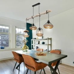 Meilleure vente ✔️ ETC-SHOP Lampe Suspendue Poutres En Bois Suspension Corde De Chanvre Rétro Cage En Bois Lampe De Salle à Manger Design Suspendue 4 Flammes, Câble Noir, 4x E27, LxPxH 105x21x120 Cm 😍 -Suspension Soldes 36320245 3
