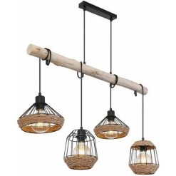 Meilleure vente ✔️ ETC-SHOP Lampe Suspendue Poutres En Bois Suspension Corde De Chanvre Rétro Cage En Bois Lampe De Salle à Manger Design Suspendue 4 Flammes, Câble Noir, 4x E27, LxPxH 105x21x120 Cm 😍 -Suspension Soldes 36320245 4