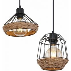 Meilleure vente ✔️ ETC-SHOP Lampe Suspendue Poutres En Bois Suspension Corde De Chanvre Rétro Cage En Bois Lampe De Salle à Manger Design Suspendue 4 Flammes, Câble Noir, 4x E27, LxPxH 105x21x120 Cm 😍 -Suspension Soldes 36320245 5