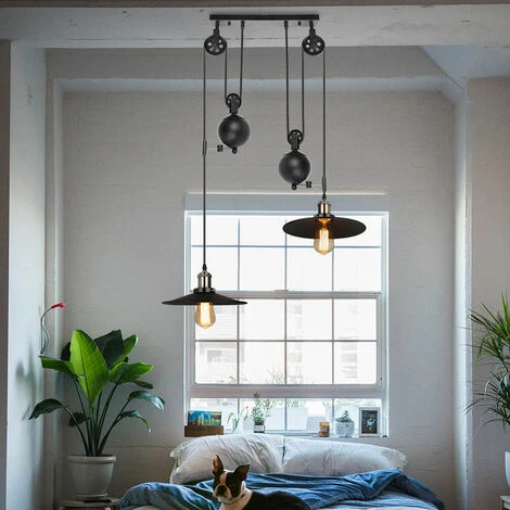 Budget 😀 AXHUP Suspension Lustre En Poulie 2 Tête Plafonnier Luminaire Noir Pour Cuisine Salon Chambre Café Bar 🛒 3 Budget 😀 AXHUP Suspension Lustre En Poulie 2 Tête Plafonnier Luminaire Noir Pour Cuisine Salon Chambre Café Bar 🛒 – Image 3