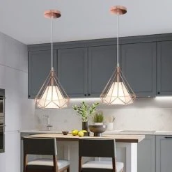 Coupon ⭐ STOEX Lustre Suspension Industrielle 25cm , Plafonnier Lampe De Plafond Abat-Jour Cage Diamant Corder Ajustable (Or Rose) 🌟 -Suspension Soldes 42471017 3