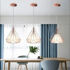 Coupon ⭐ STOEX Lustre Suspension Industrielle 25cm , Plafonnier Lampe De Plafond Abat-Jour Cage Diamant Corder Ajustable (Or Rose) 🌟 -Suspension Soldes 42471017 5