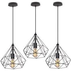Sortie ⭐ STOEX 2x Suspension Industrielle 25cm Lustre Abat-Jour En Fer Forme Diamant Plafonnier Luminaire Noir ❤️
