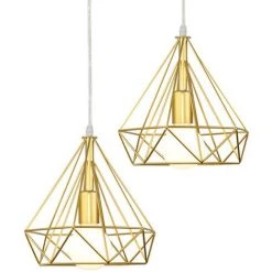 De gros ❤️ STOEX 2 Pack Suspension Industrielle 25cm Lustre Abat-Jour En Fer Forme Diamant Plafonnier Luminaire Doré ✨