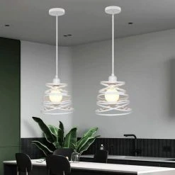 Sortie ⌛ STOEX Lot De 2 Suspensions Vintage, 2 Luminaires Style Industriel, Plafonnier Vintage Forme Ressort , éclairage Intérieur, Lampe Cuisine Salon Salle à Manger Chambre, Blanc , Ø 200mm 🎉 -Suspension Soldes 42693950 4