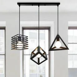 Remise 🎁 AXHUP Suspension Lustre En Barre 3 Lumières Cage Géométrique En Métal E27 Luminaire Industrielle Noir ✨ -Suspension Soldes 43231854 3