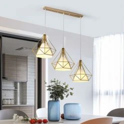 Sortie 😀 STOEX Lustre Suspension Industrielle En Forme Diamant 25cm Lampes De Plafond Abat-Jour Cage En Fer Luminaire Corde Ajustable Salle à Manger,Bar,Chambre Doré ⌛ -Suspension Soldes 47301949 4