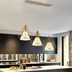 Sortie 😀 STOEX Lustre Suspension Industrielle En Forme Diamant 25cm Lampes De Plafond Abat-Jour Cage En Fer Luminaire Corde Ajustable Salle à Manger,Bar,Chambre Doré ⌛ -Suspension Soldes 47301949 5