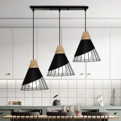 Meilleure vente ⌛ WOTTES Lustre Suspension Moderne Créative Réglable Badminton Bois Massif Décoration Cuisine Salon Chambre Long Poteau 3 Lumières Ø25cm - Noir - Noir ⭐ -Suspension Soldes 47353725 2