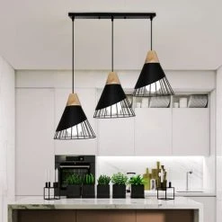 Meilleure vente ⌛ WOTTES Lustre Suspension Moderne Créative Réglable Badminton Bois Massif Décoration Cuisine Salon Chambre Long Poteau 3 Lumières Ø25cm - Noir - Noir ⭐ -Suspension Soldes 47353725 3
