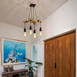 Le moins cher ✔️ COMELY Suspensions Vintage, Plafonnier Industriel En Bois Et Métal Noir, 4 Ampoules E27 Non Incluses, Max 60W, Pour Salon Ou Restaurant 👍 -Suspension Soldes 50150591 5